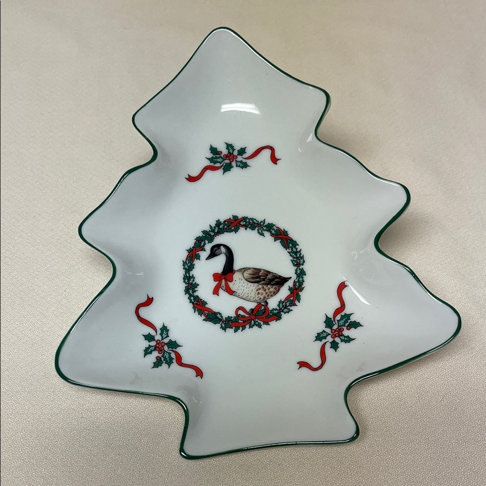Vintage Christmas Tree Shaped Dish with Goose Design